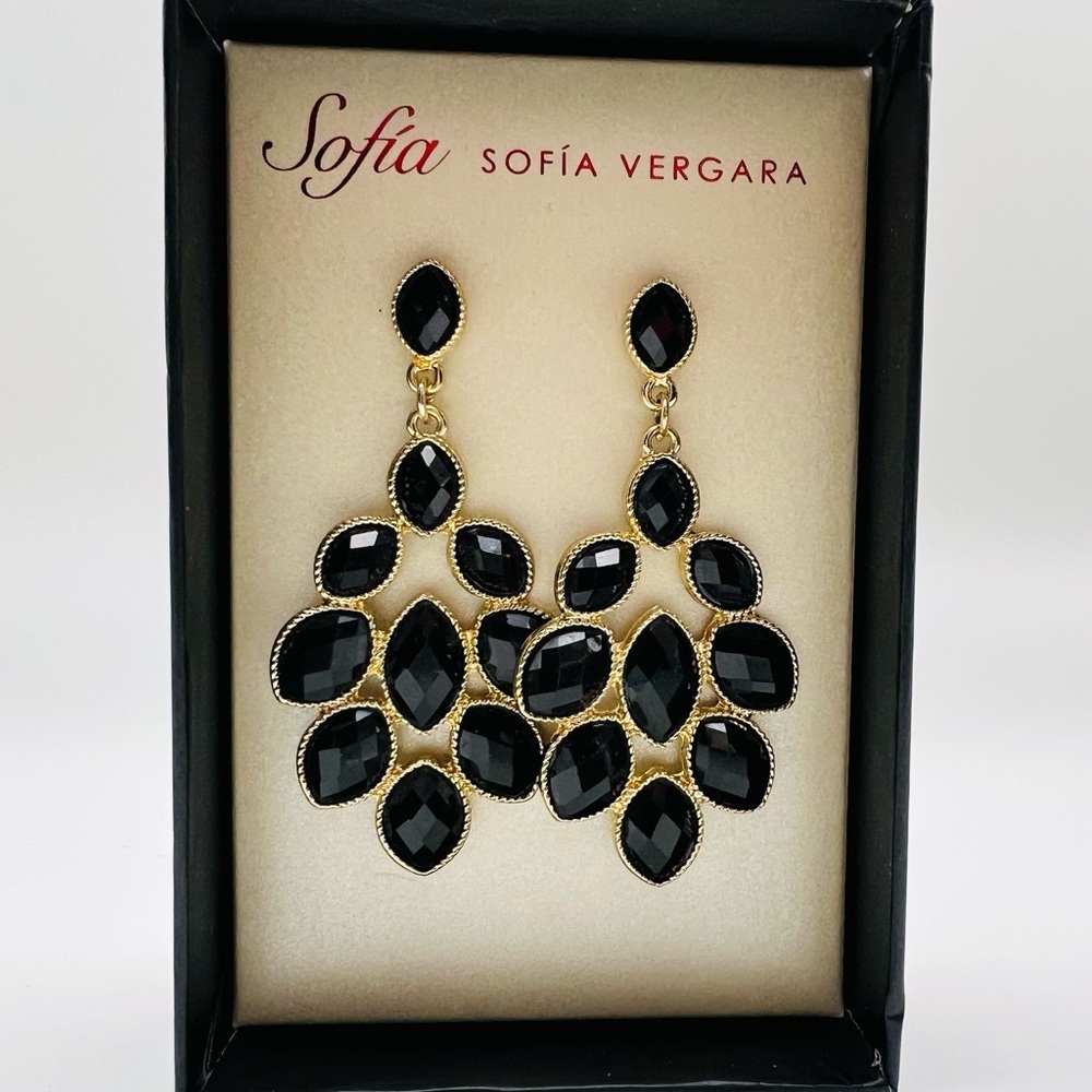 Sofia Vergara Black Goldtone Statement Chandelier Earrings NIB